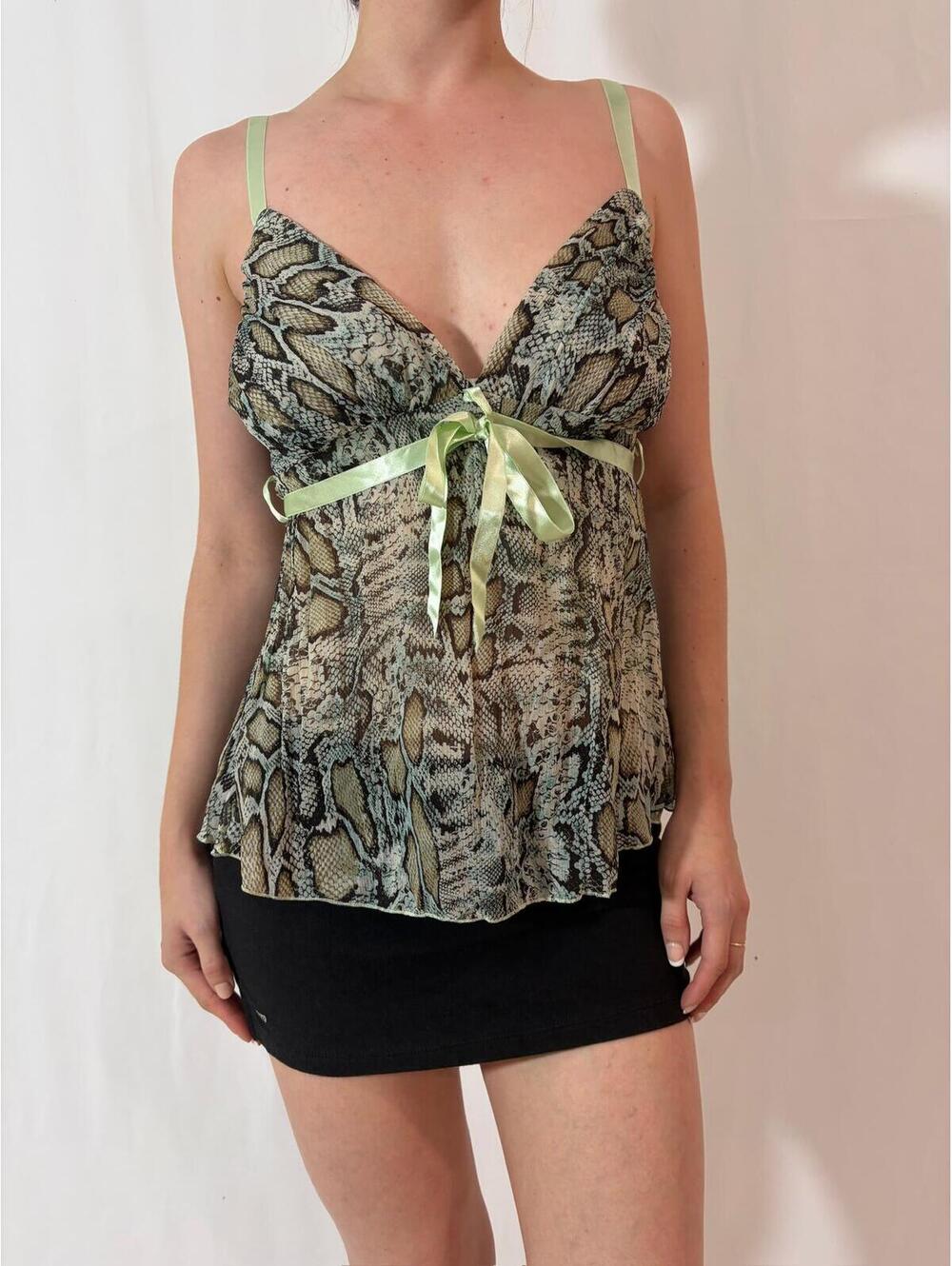 Green Snakeskin Print Mesh Sheer Fairy Y2K Festival Cami